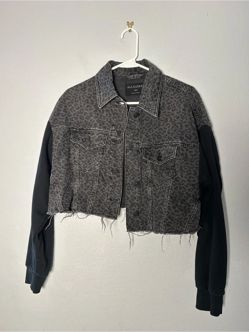 All Saints Gray Black Leopard Print Ander Cropped Denim Jacket with Knit Sleeves - Picture 10 of 10